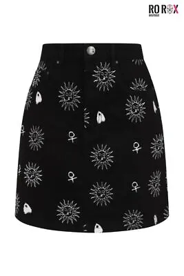 Hell Bunny Oculus Mini Skirt Denim Embroidered Ouija Symbol Gothic High Waist • £14.50