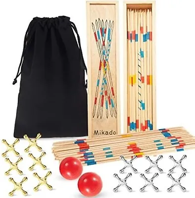 Classic Games Pick Up Sticks & Metal Jacks & Ball W/ Wooden Case & Carrying Bag • $11.95