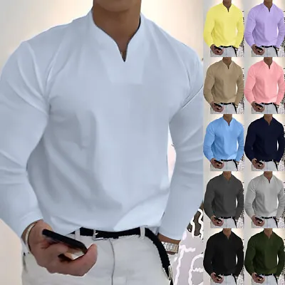 Mens Polo Solid Casual Shirts Long Sleeve Grandad Loose Blouse Tops Tee Size • £9.79