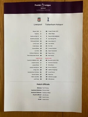 £4.99 • Buy Liverpool V Tottenham Hotspur 30 April 2023 Premier League Format A4 Team Sheet