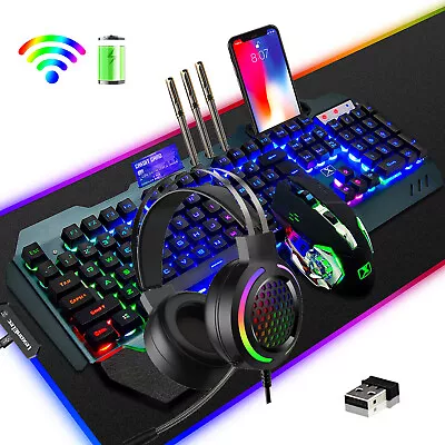 Gaming Combo Wireless RGB Backlit Keyboard Mouse And Wired Headset Mat LED USB • $83.99