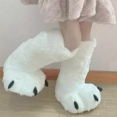 $67.62 • Buy Cute Plush Bear White Paw Long Tube Cotton Shoes Winter Indoor Slippers Shoes 