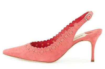 NEW Manolo Blahnik CIABOI Carolyne Suede Scalloped Slingback Pink Coral Shoes 37 • $365