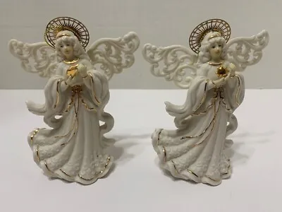 2 - Vintage Porcelain Bisque Angels Trimmed In Gold With Filigree Wings 5  Tall • $23.39