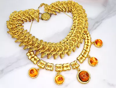 Lot Signed French Vtg Rich Gold Filigree Amber Gripoix Cabs Wide Collar Necklace • $105.50