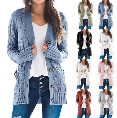 $23.98 • Buy Women's Long Sleeve Loose Knit Open Front Button Down Cardigan Sweater Outerwear