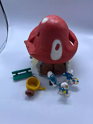 Vintage Peyo Schleich Smurf Mushroom House With 3 Figures Bench • $39.99