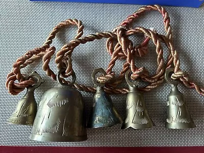 Vintage String Of 5 Brass Etched Bells On Rope Different Shapes India Feng Shui • $19.80