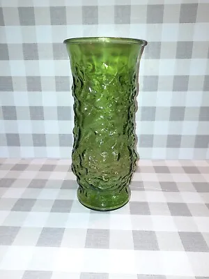 Tall Green EO Brody Co. Cleveland O. USA Crinkle Textured Glass Vase 8 5/8” • $3