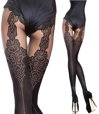 £6.69 • Buy Fiore Patterned Tights 40 Denier Gladis Trendy Mock Suspender Stockings Tights