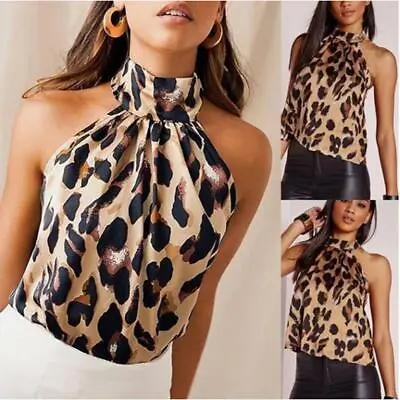 Sexy Leopard Halter Neck Navel Halon Slim Sleeveless Vest T Shirt For Women FB • £5.64