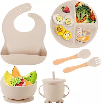 Baby Feeding Set Silicone Weaning Supplies With Plate Bowl Bib Spoon Fork Cup UK • £12.90