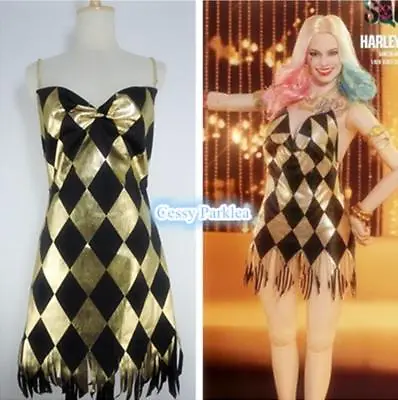 W-A3-3 Suicide Squad Harley Quinn Black Gold Club Backless Dress Fancy Costume • £26.62