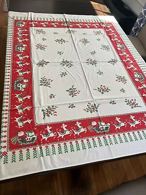 Vintage Christmas Tablecloth Reindeer Santa Mid Century Leacock Christmas Parade • $335