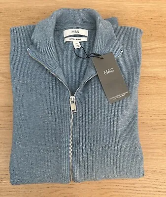 New Mens M&S Zip Up Jumper Cardigan 2XL Cotton Mix Light Blue Comfy • £34.99