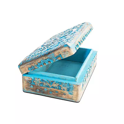 Handmade Decorative Wooden Jewelry Box Tree Of Life Carving (Blue Wash Finish) • $22.32