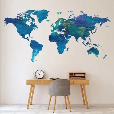 Dark Blue Paint Effect World Map Wall Sticker WS-51384 • £16.98