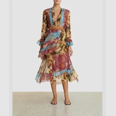 ZIMMERMANN Fiesta Flounce Tiered Silk Midi Dress Size 0 • $249