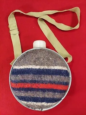 Vintage Metal Canteen W Wool Striped Fabric Japan  Plastic Cap Green Strap • $14.99