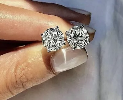 $105 • Buy 4 Ct Round Cut Moissanite FL/D Stud Earrings 14K White Gold 8mm Screw Back $695
