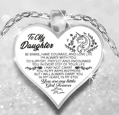 To My Daughter Love From Mum Heart Silver Support Protect Unicorn Necklace Uk • £6.79