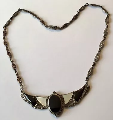 Art Deco Sterling Silver Black Onyx Mother Of Pearl & Marcasite Pendant Necklace • $175