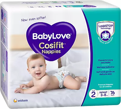 Babylove Cosifit Infant Nappies Size 2 (3-8Kg) | 1 Month Supply 228 Pieces (3 X  • $98.96