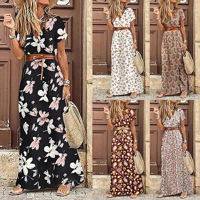 Womens Floral Summer Boho Maxi Dress Ladies V Neck Casual Holiday Sundress UK • $47.99