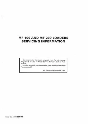 Massey Ferguson MF100 MF200 Loader Service Manual • $38.32