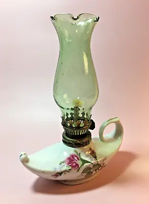 Vintage Miniature Oil Lamp Ceramic Floral Moss Rose Genie Aladdin • $20