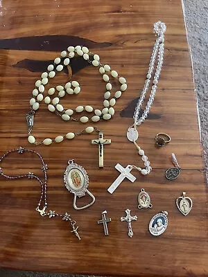 30” Vintage Glow In The Dark Rosary Beads & Cross Ring Cross Christian Italy Lot • $35