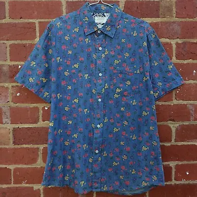 VANISHING ELEPHANT Mens Blue Denim Floral Cotton Button Up Polo Shirt - Medium • $25