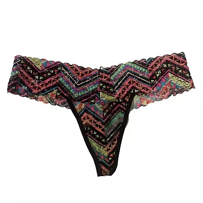 Victoria’s Secret PINK Aztec Geometric Thong Black Neon Lace • $17