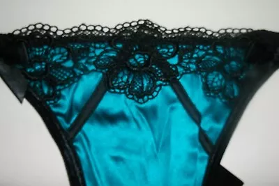 Bnwt La Senza Georgia Thong 8 10 12 14 16 Teal Silk Black Lace • £12.95