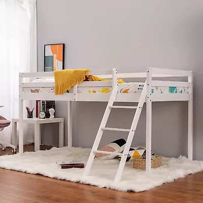 White Kid Bunk Bed Mid Sleeper With Ladder 3FT Single Bed Frame Wooden Cabin Bed • £132.89