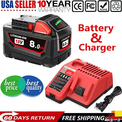 8.0Ah 18V For Milwaukee M18 Li-ion Extended Capacity Battery 48-11-1860/ Charger • $46.99