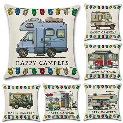 18  Happy Campers Linen Cushion Cover Throw Pillow Case Home Sofa Decoration New • $11.31