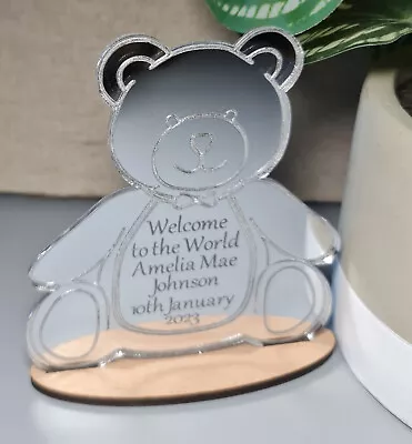 Personalised New Baby Gift Teddy Bear Silver Keepsake Boy Girl Christening • £7.95