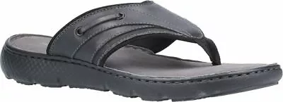 Hush Puppies Connor Mens Black Casual Flip Flop Toe Post Leather Sandals • £29.99