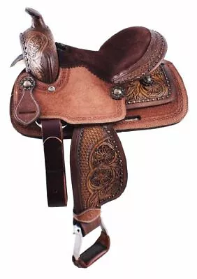 New 10  Brown Floral & Basket Tooled Leather Western Youth Kids Horse Saddle 503 • $195