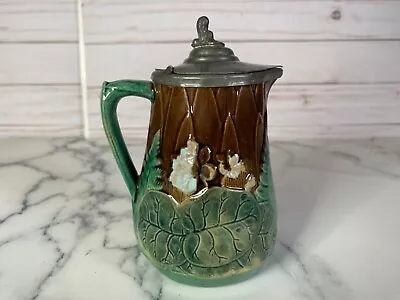 English Majolica Lily Fern J Holdcroft Signed Syrup Pitcher With Pewter Lid #12 • $49.99