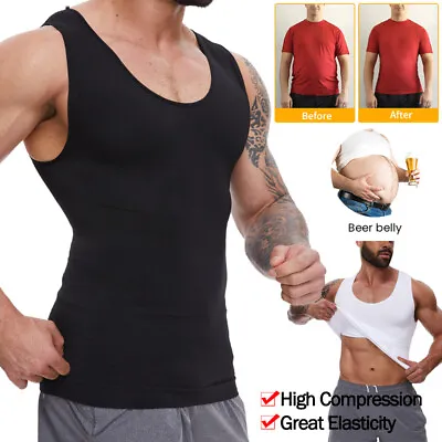 Mens Slim Body Shaper Vest Tummy Control Compression Chest Gynecomastia Tank Top • £6.79