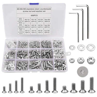 £19.20 • Buy 600Pcs M3 M4 M5 Countersunk Bolts Nuts And Washers Set, 304 Stainless Steel Flat