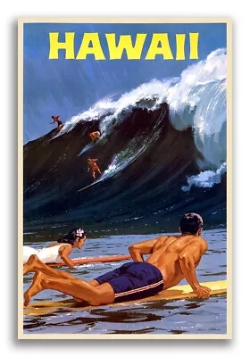 1950s Hawaii Surfing Vintage Style Travel Poster - Big Wave Surfing - 16x24 • $13.95