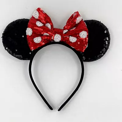 Disney Black & Red Minnie Mouse Bow Sequins Dress Up Ears Headband Ears For Kids • $14.44