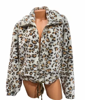 Victorias Secret PINK Know One Cares Semi Cropped Faux Fur Cozy Jacket Leopard  • $19.99