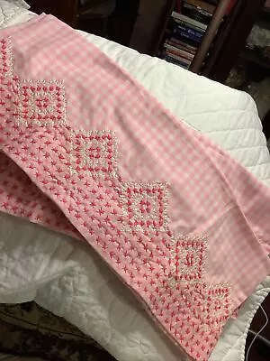 Pair PILLOWCASES Gingham Check Pink White Chicken Scratch Embroidery • $14