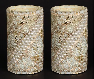 Vase Mosaic On Glass Cylinder Sea Green Chips Pearl Beads 3.5 D 6.25 High Set/2 • $15