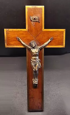 Vintage Brass Edged & Wood Wall Crucifix - 7.5 Inches Tall • £5