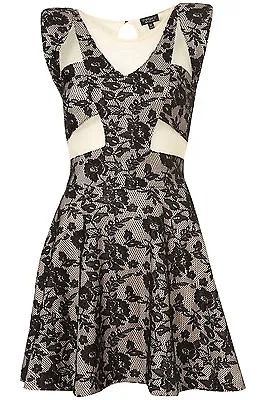 UK 16 Topshop Shoulderpad Black Foiled Lace Cut Out Mesh Detail Skater Dress  • $37.35